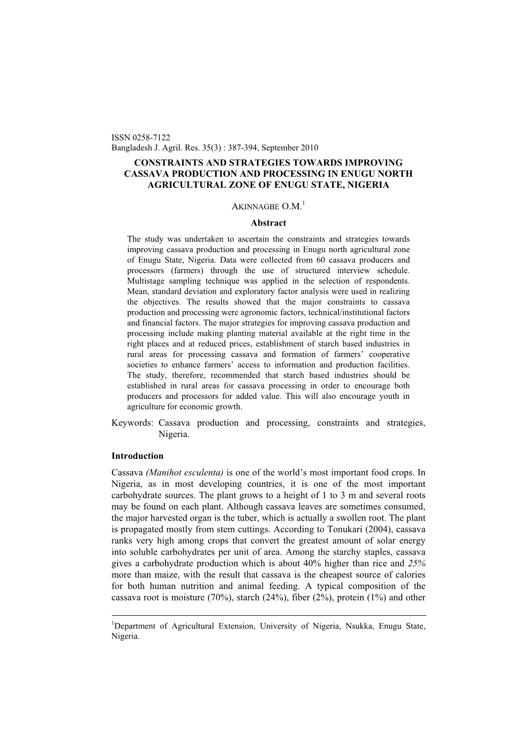 Constraints and Strategies Towards Improving Cassava Production and Processing in Enugu North Agricultural Zone of Enugu State, Nigeria