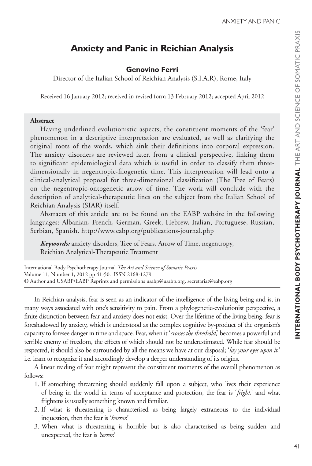 Anxiety and Panic in Reichian Analysis