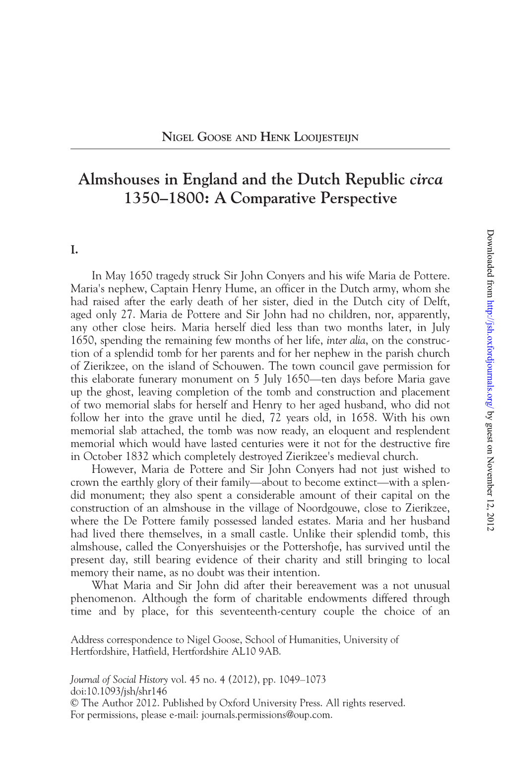 Almshouses in England and the Dutch Republic Circa 1350–1800: a Comparative Perspective Downloaded From
