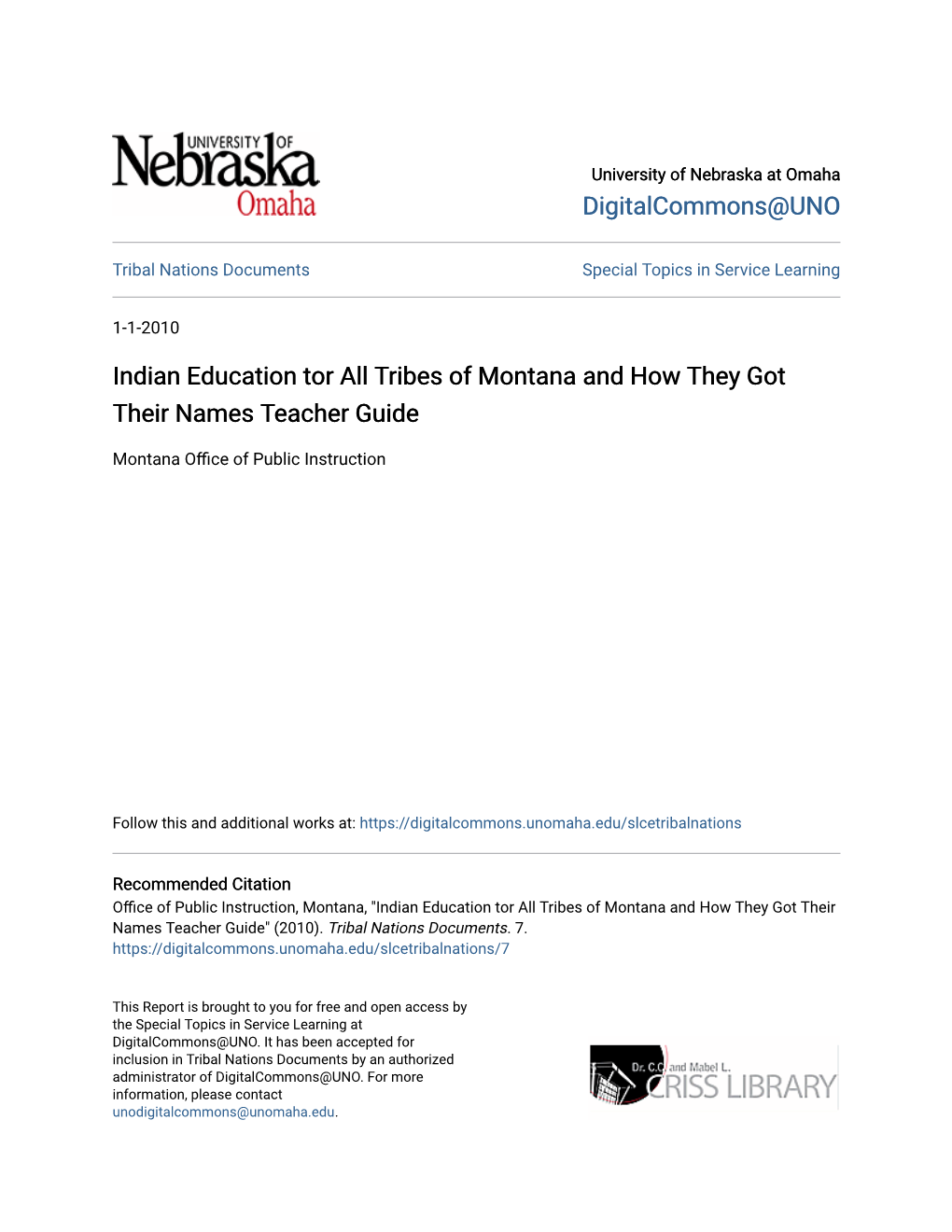 Indian Education Tor All Tribes of Montana and How They Got Their Names Teacher Guide