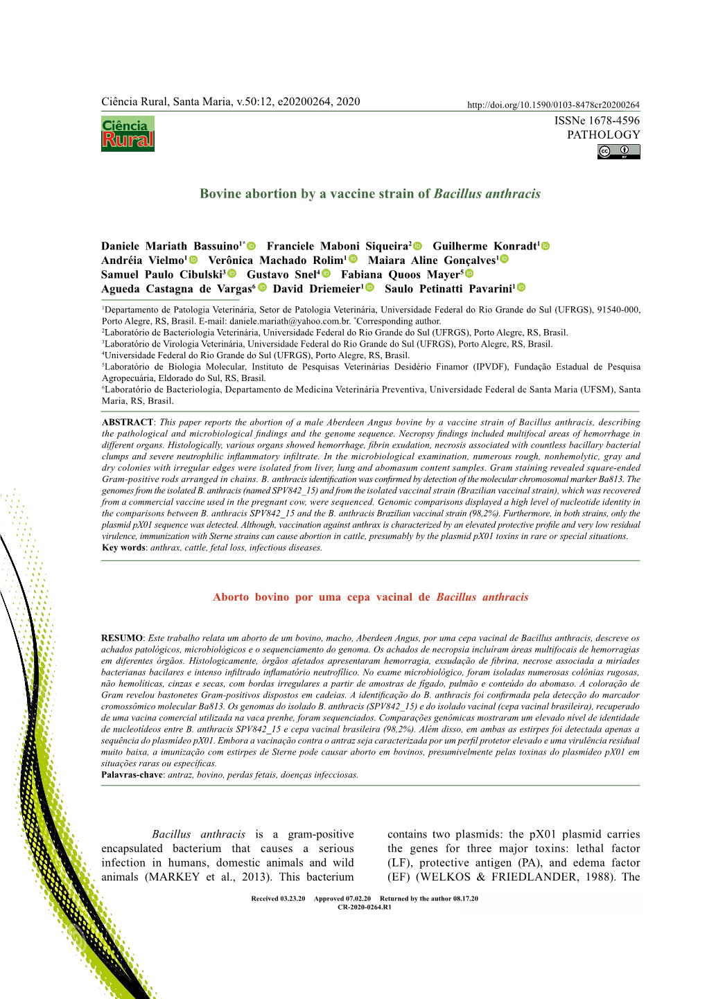 Bovine Abortion by a Vaccine Strain of Bacillus Anthracis