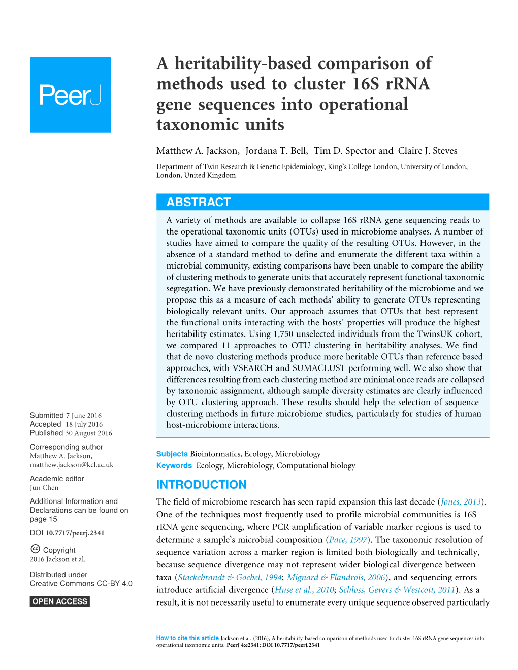 A Heritability-Based Comparison of Methods Used to Cluster 16S Rrna Gene Sequences Into Operational Taxonomic Units