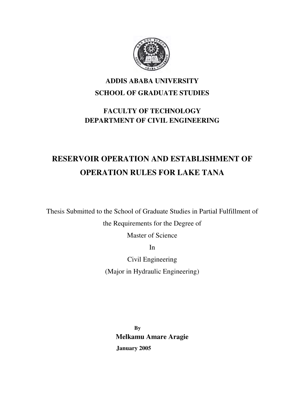 Reservoir Operation and Establishment of Operation Rules for Lake Tana