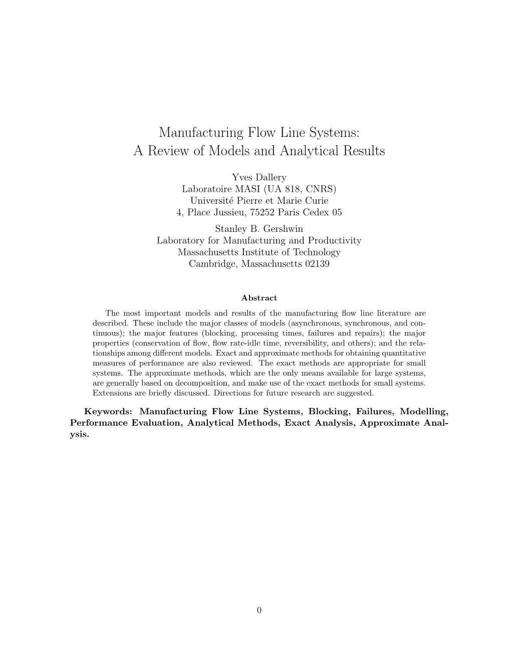Manufacturing Flow Line Systems: a Review of Models and Analytical Results