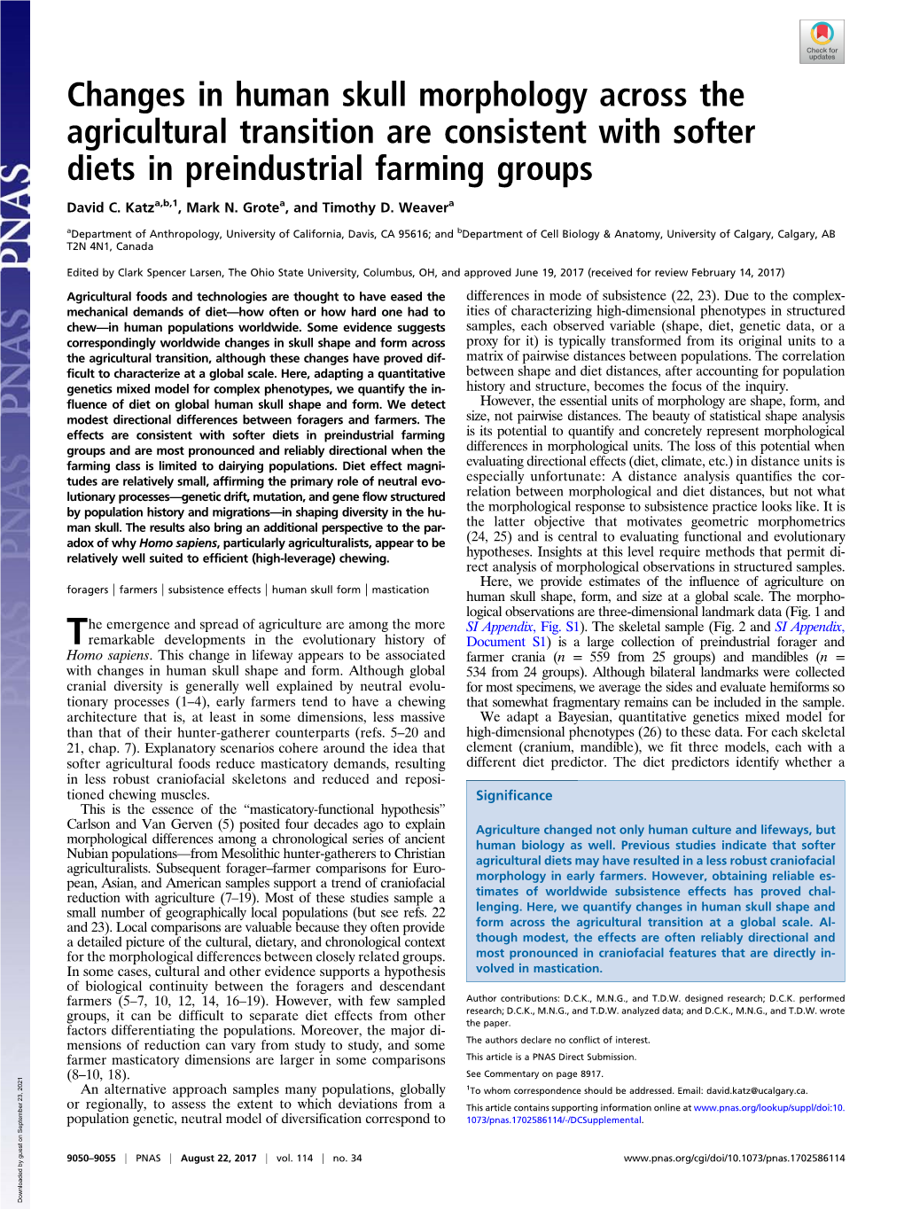 Changes in Human Skull Morphology Across the Agricultural Transition Are Consistent with Softer Diets in Preindustrial Farming Groups