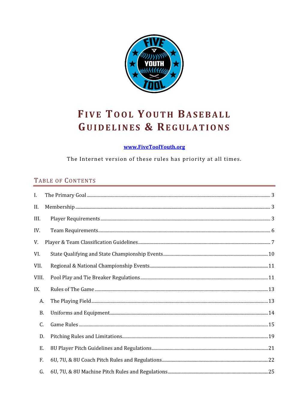 Five Tool Youth Baseball Guidelines & Regulations