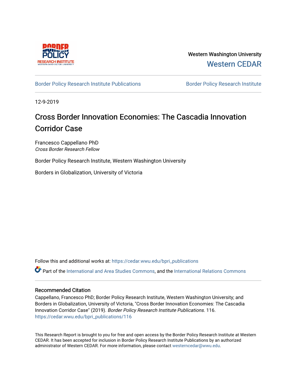 Cross Border Innovation Economies: the Cascadia Innovation Corridor Case