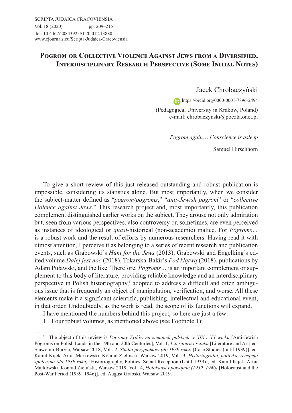 Pogrom Or Collective Violence Against Jews from a Diversified, Interdisciplinary Research Perspective (Some Initial Notes)