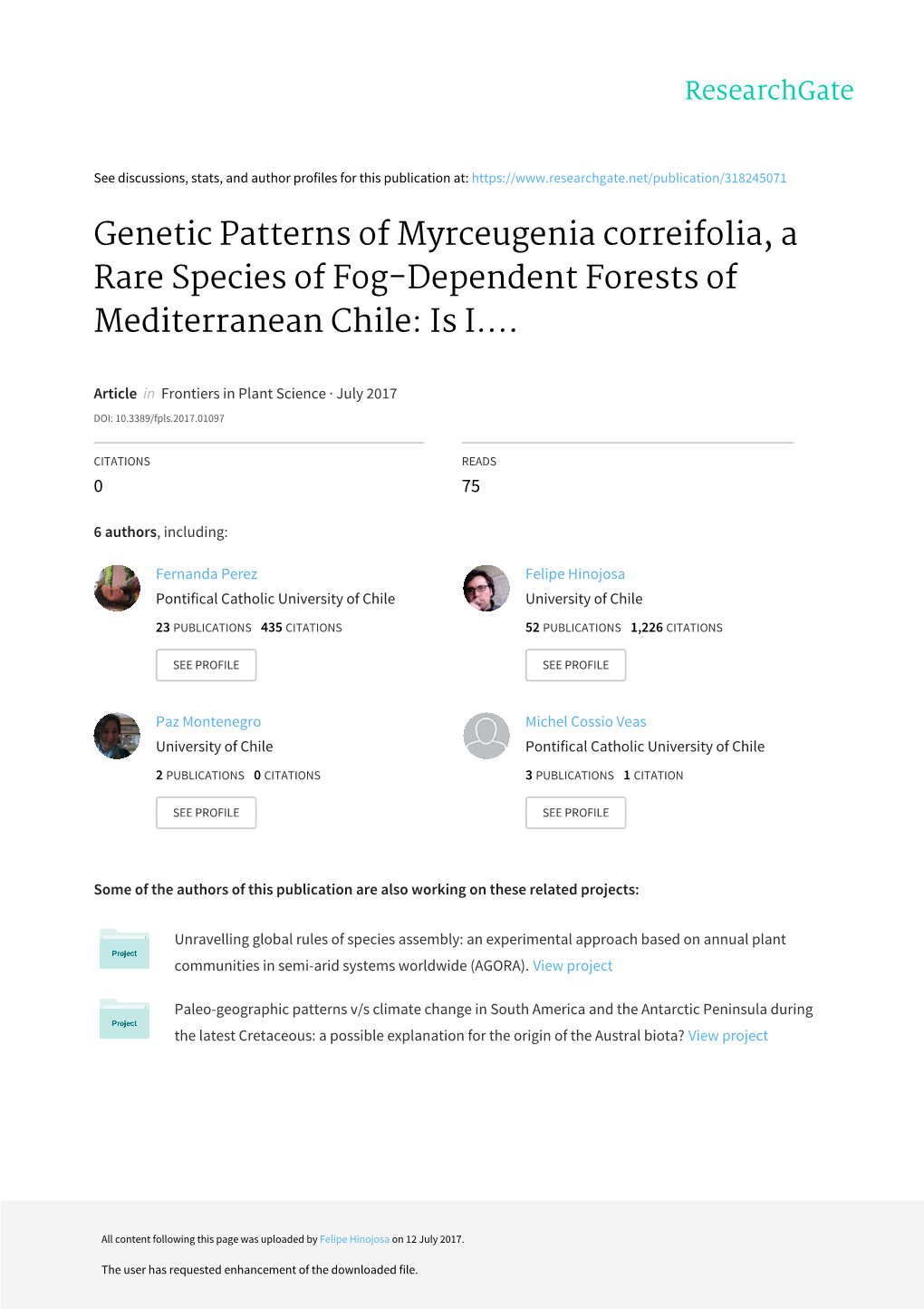 Genetic Patterns of Myrceugenia Correifolia, a Rare Species of Fog-Dependent Forests of Mediterranean Chile: Is I