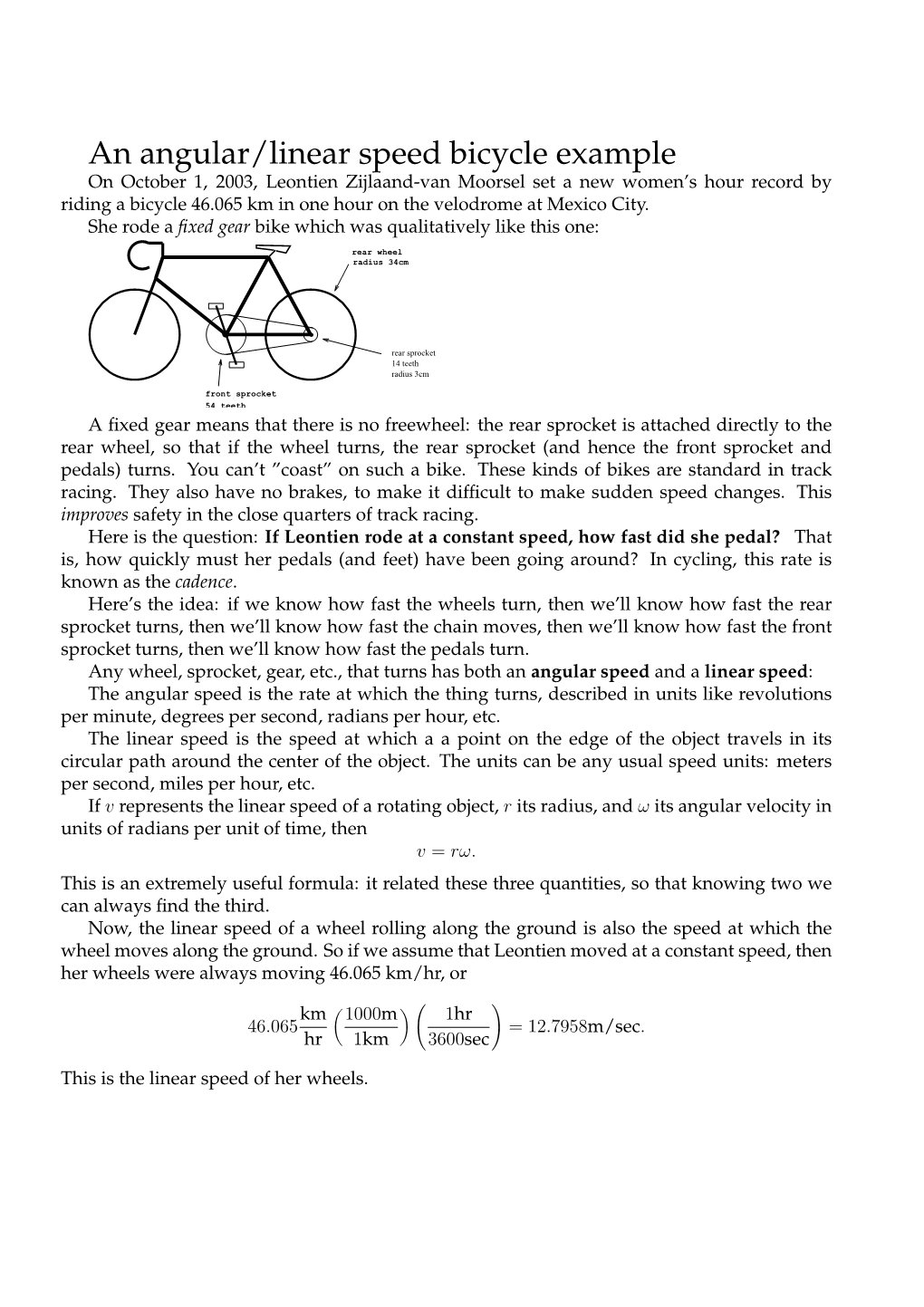 An Angular/Linear Speed Bicycle Example