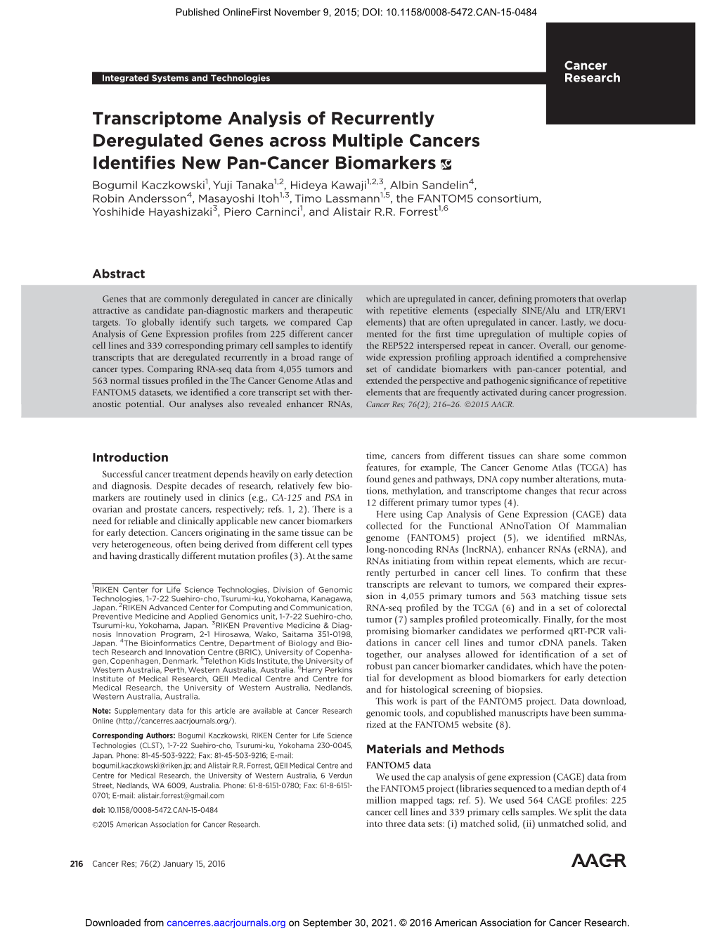 Transcriptome Analysis of Recurrently Deregulated Genes Across Multiple