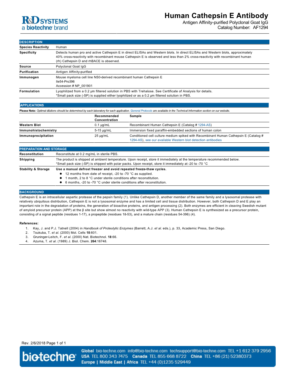 Human Cathepsin E Antibody Antigen Affinity-Purified Polyclonal Goat Igg Catalog Number: AF1294