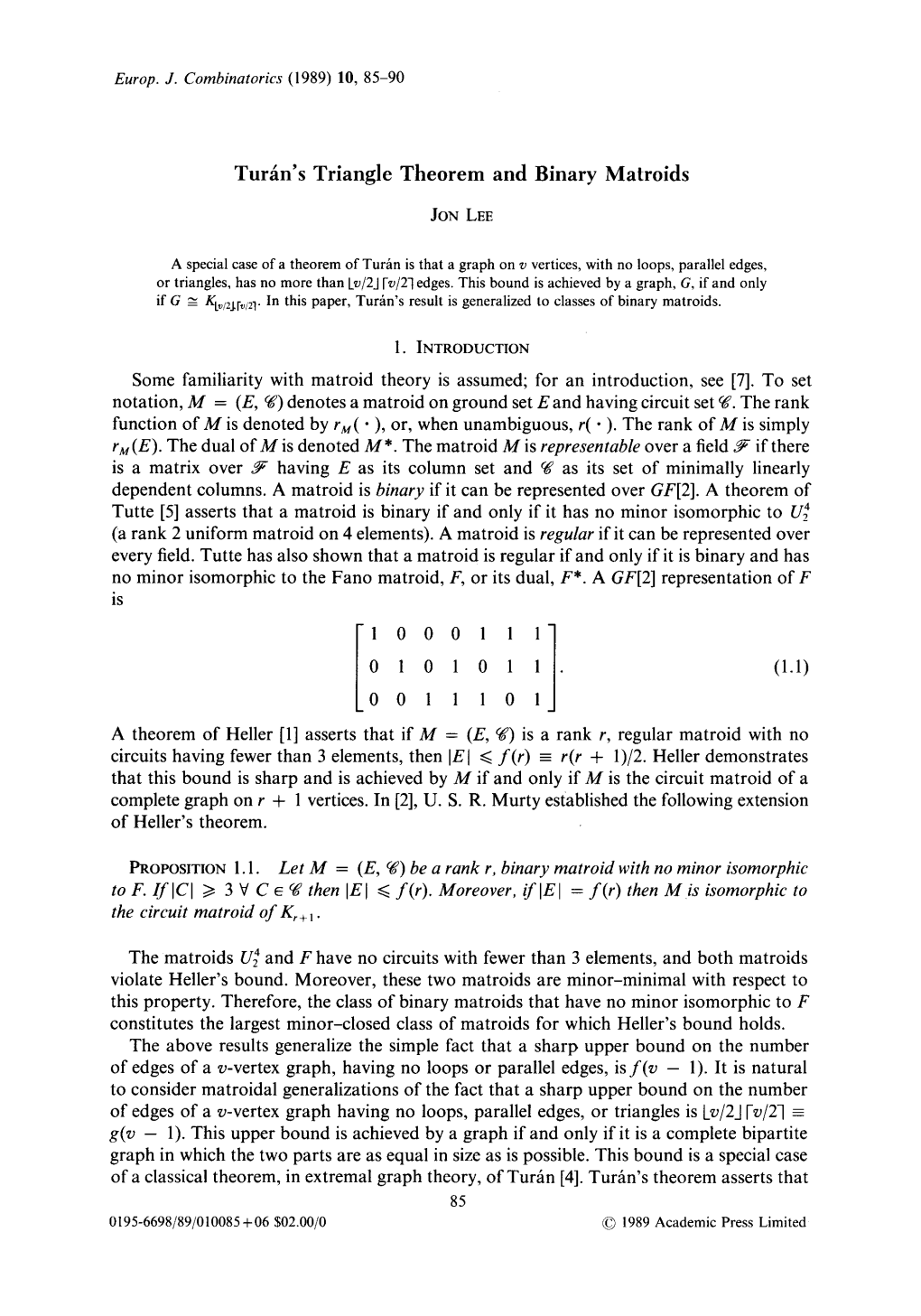 Turán's Triangle Theorem and Binary Matroids