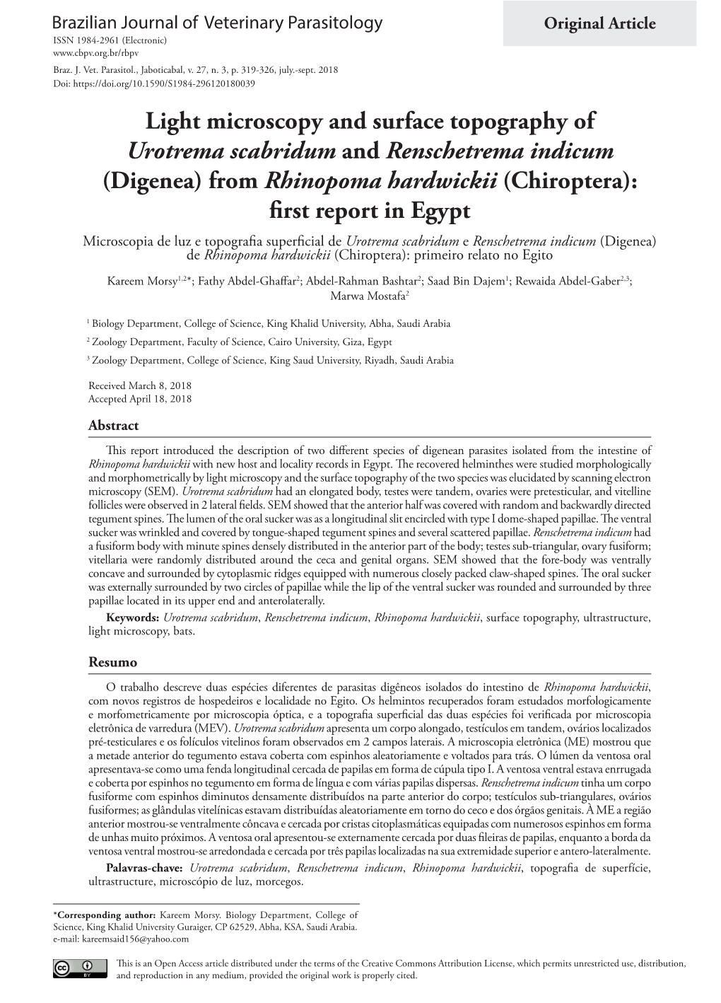 Light Microscopy and Surface Topography of Urotrema Scabridum and Renschetrema Indicum (Digenea) from Rhinopoma Hardwickii (Chi