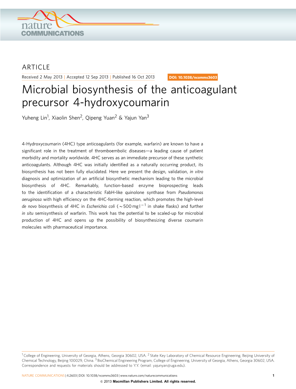 Microbial Biosynthesis of the Anticoagulant Precursor 4-Hydroxycoumarin