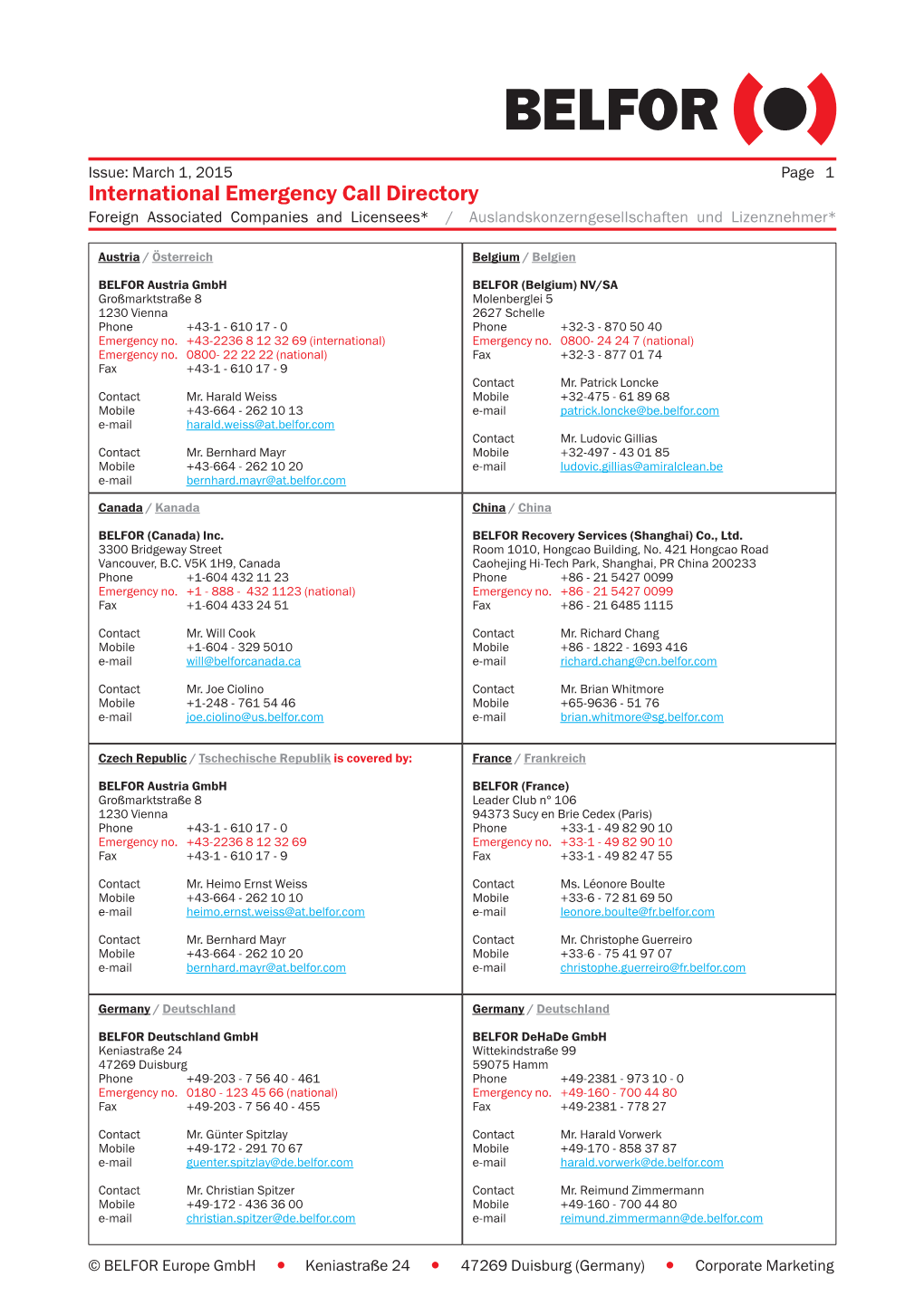 International Emergency Call Directory Foreign Associated Companies and Licensees* / Auslandskonzerngesellschaften Und Lizenznehmer*