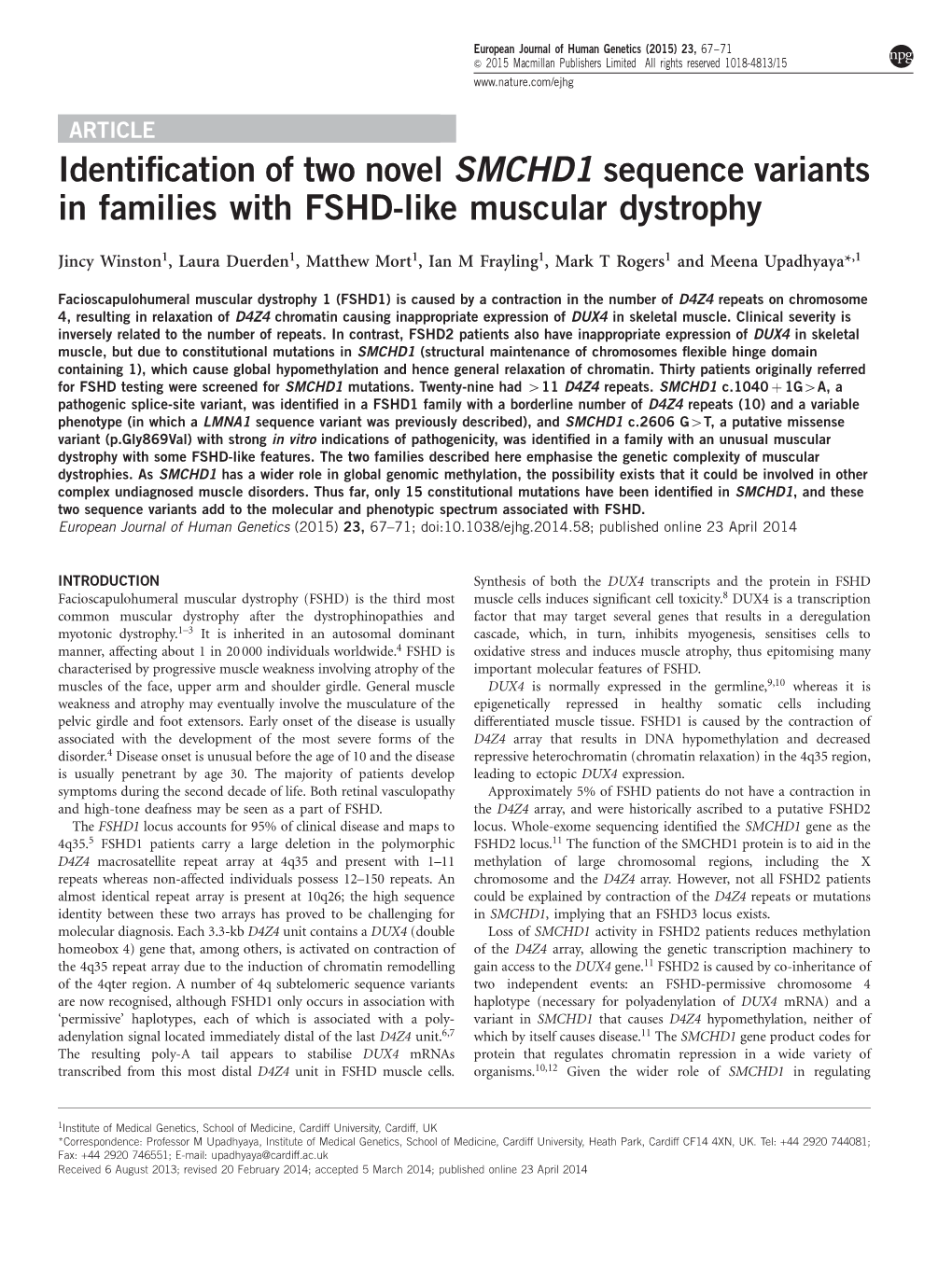 Identification of Two Novel SMCHD1 Sequence Variants in Families with FSHD-Like Muscular Dystrophy