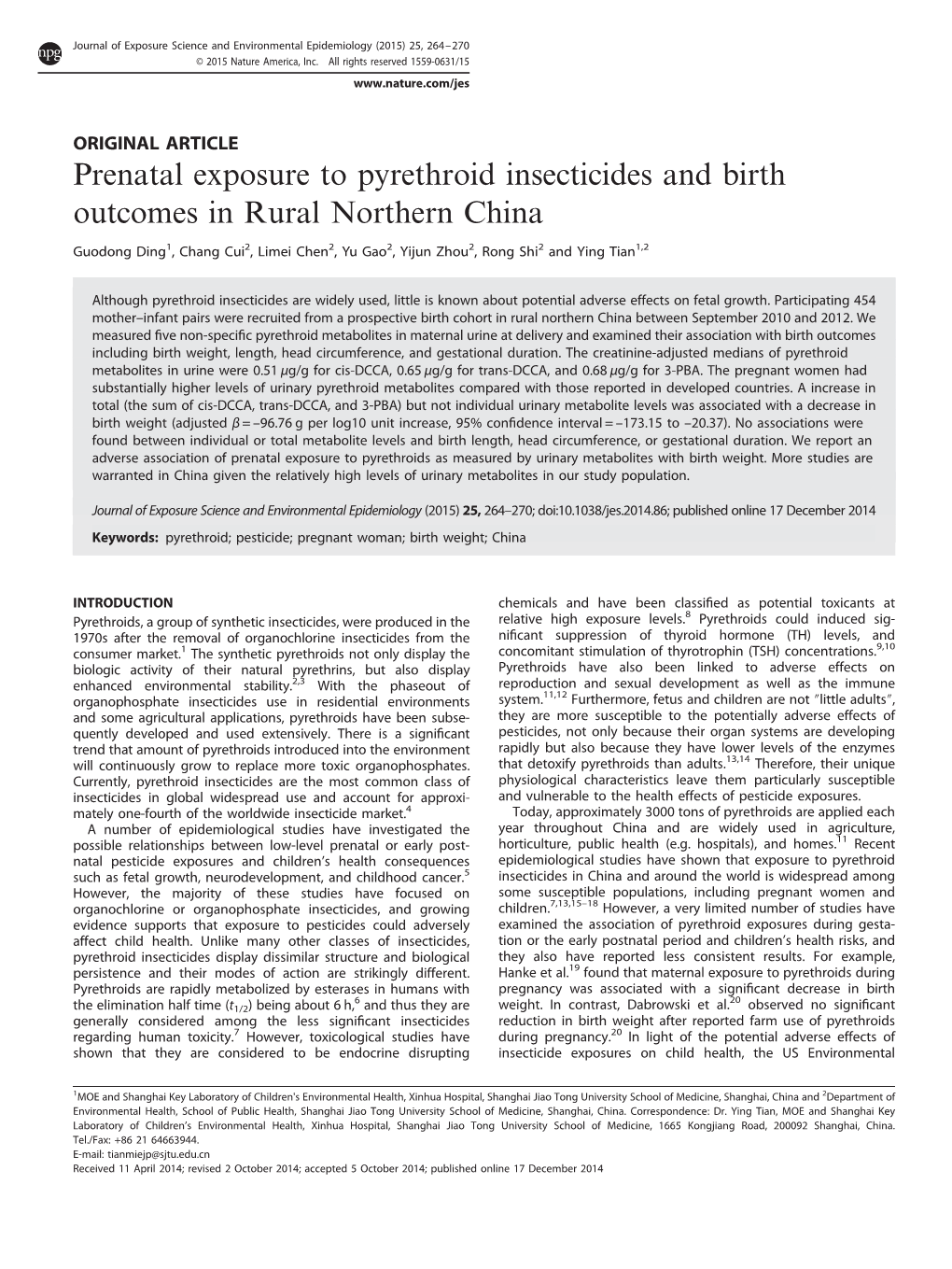 Prenatal Exposure to Pyrethroid Insecticides and Birth Outcomes in Rural Northern China