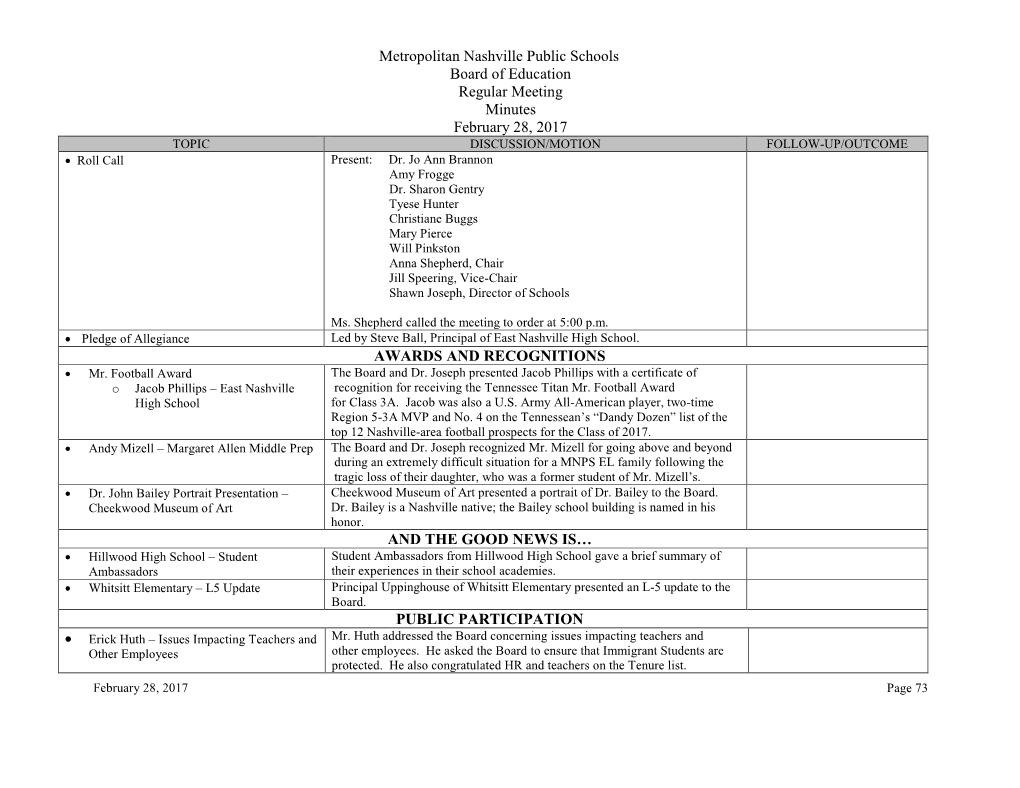 Metropolitan Nashville Public Schools Board of Education Regular Meeting Minutes February 28, 2017 AWARDS and RECOGNITIONS