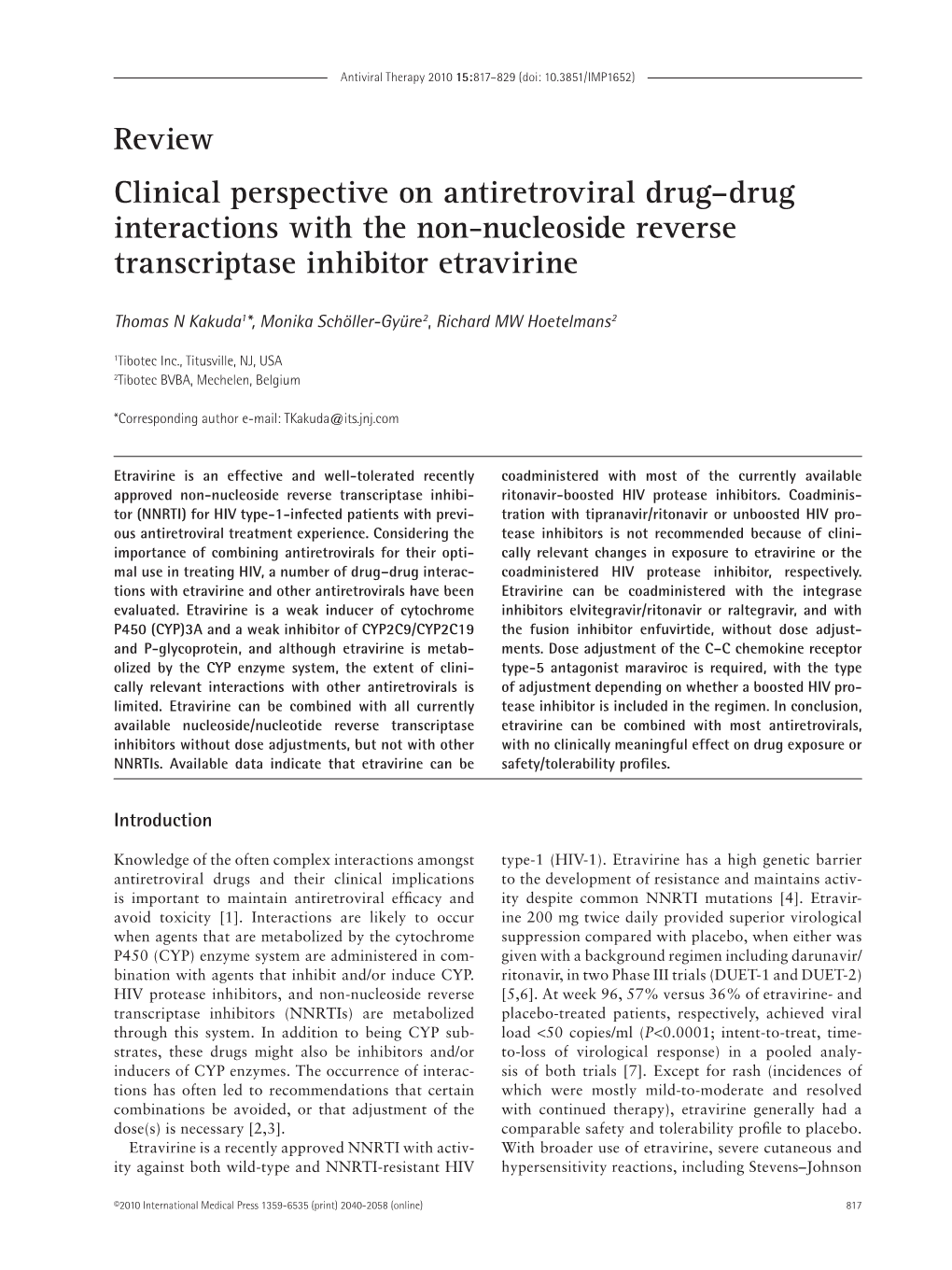 Review Clinical Perspective on Antiretroviral Drug–Drug Interactions with the Non-Nucleoside Reverse Transcriptase Inhibitor Etravirine