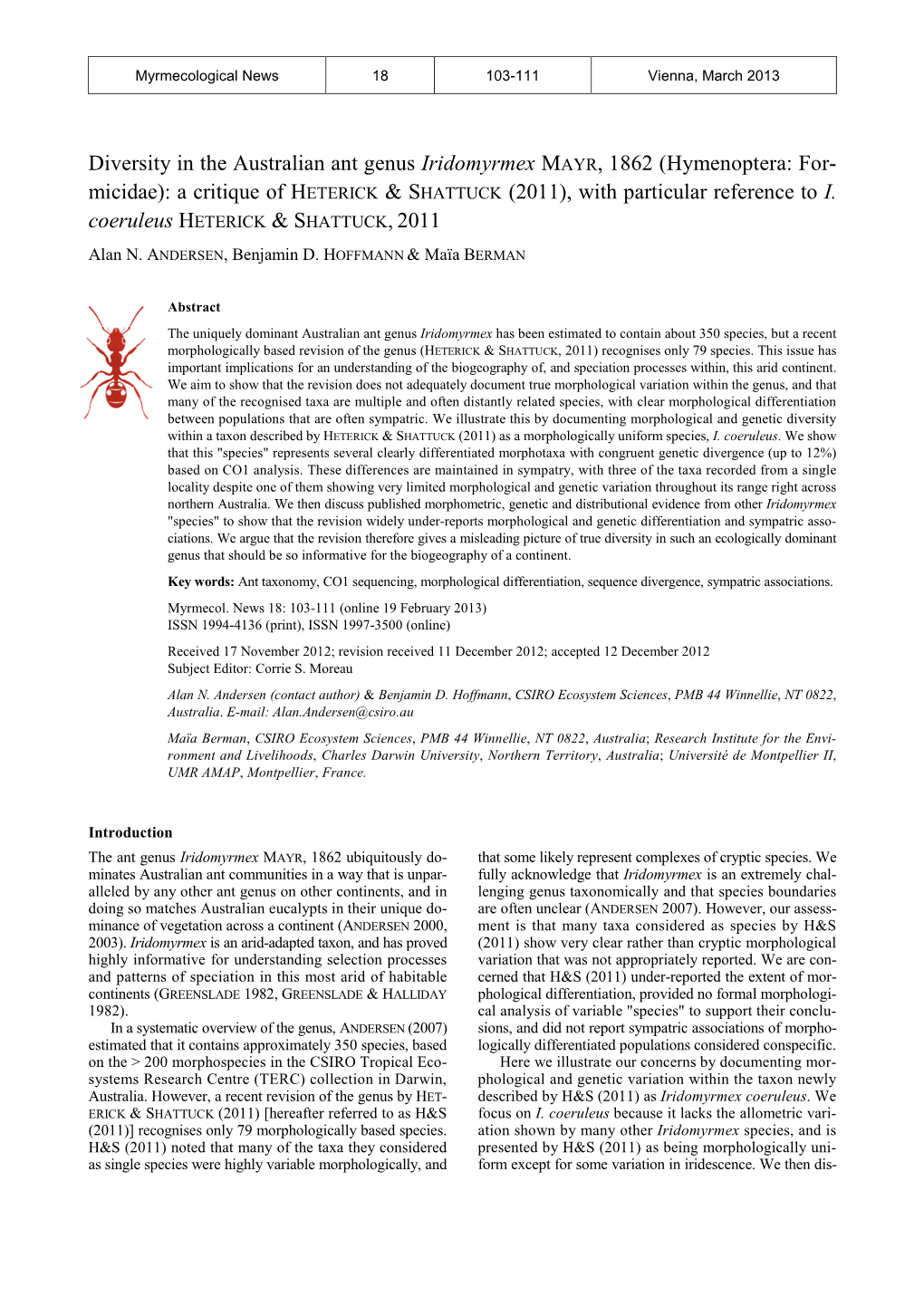 Diversity in the Australian Ant Genus Iridomyrmex MAYR, 1862 (Hymenoptera: For- Micidae): a Critique of HETERICK & SHATTUCK (2011), with Particular Reference to I