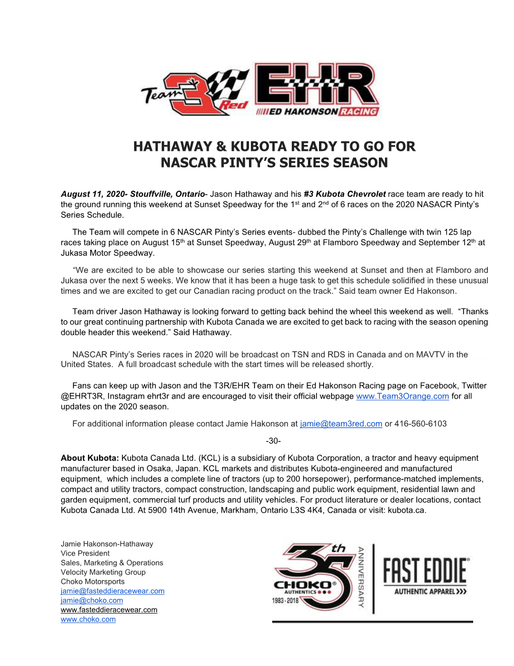 Hathaway & Kubota Ready to Go for Nascar Pinty's Series