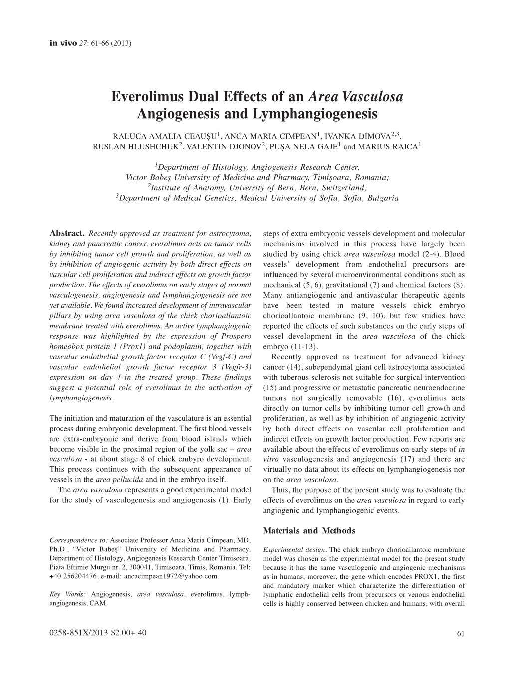 Everolimus Dual Effects of an Area Vasculosa Angiogenesis and Lymphangiogenesis
