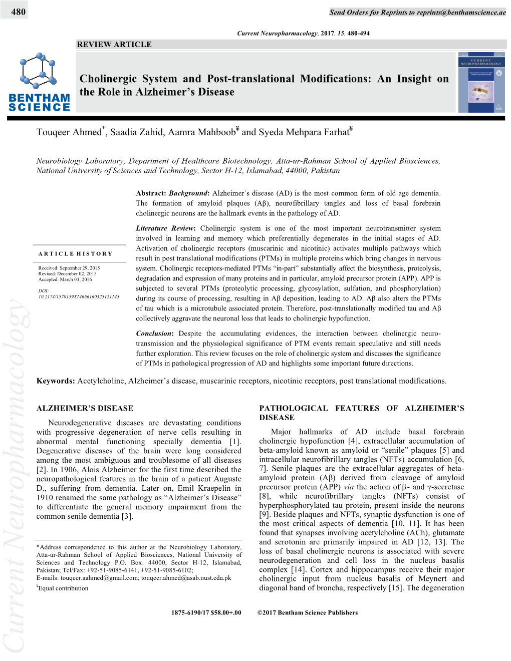 Current Neuropharmacology, 2017, 15, 480-494