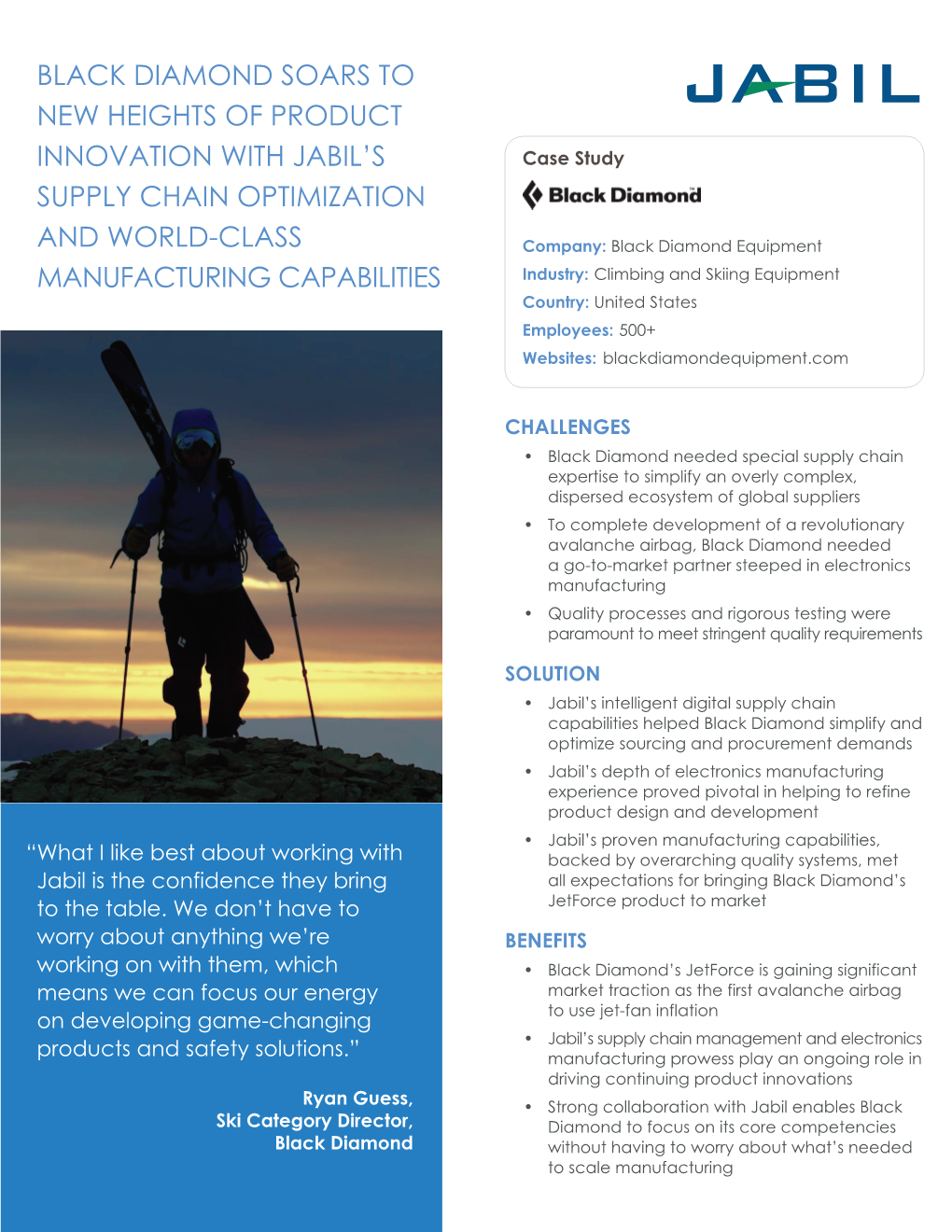 BLACK DIAMOND SOARS to NEW HEIGHTS of PRODUCT INNOVATION with JABIL’S Case Study SUPPLY CHAIN OPTIMIZATION