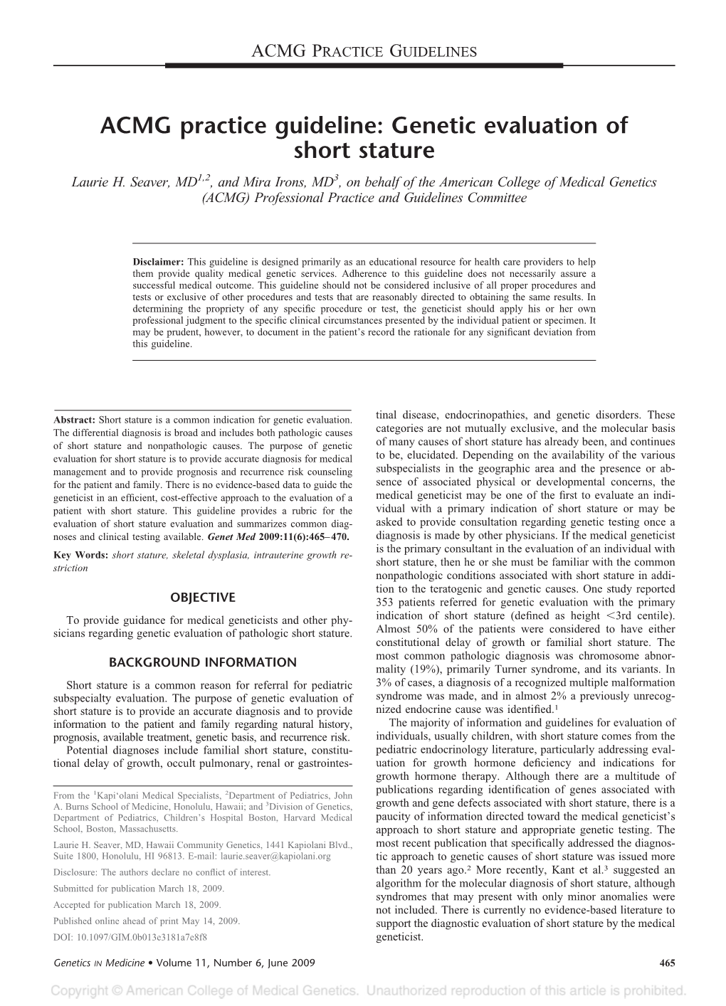 Genetic Evaluation of Short Stature Laurie H