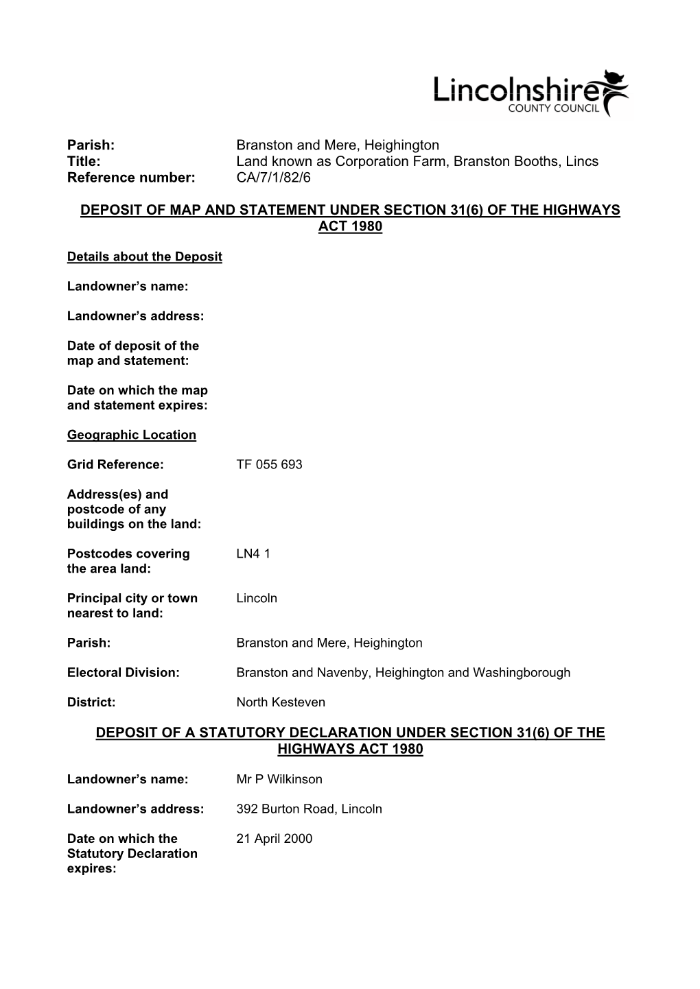 Land Known As Corporation Farm, Branston Booths, Lincs Reference Number: CA/7/1/82/6