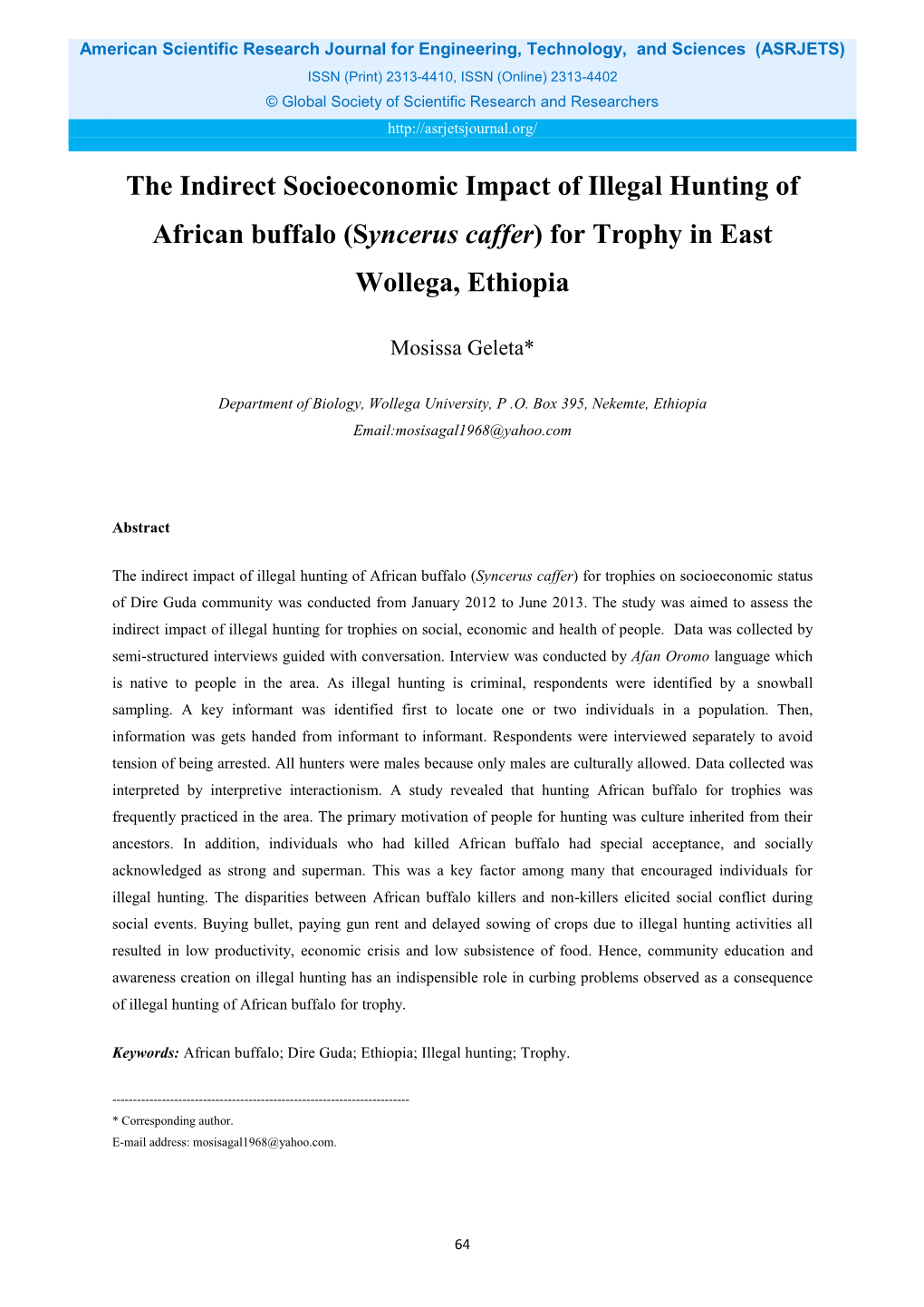 The Indirect Socioeconomic Impact of Illegal Hunting of African Buffalo (Syncerus Caffer) for Trophy in East Wollega, Ethiopia