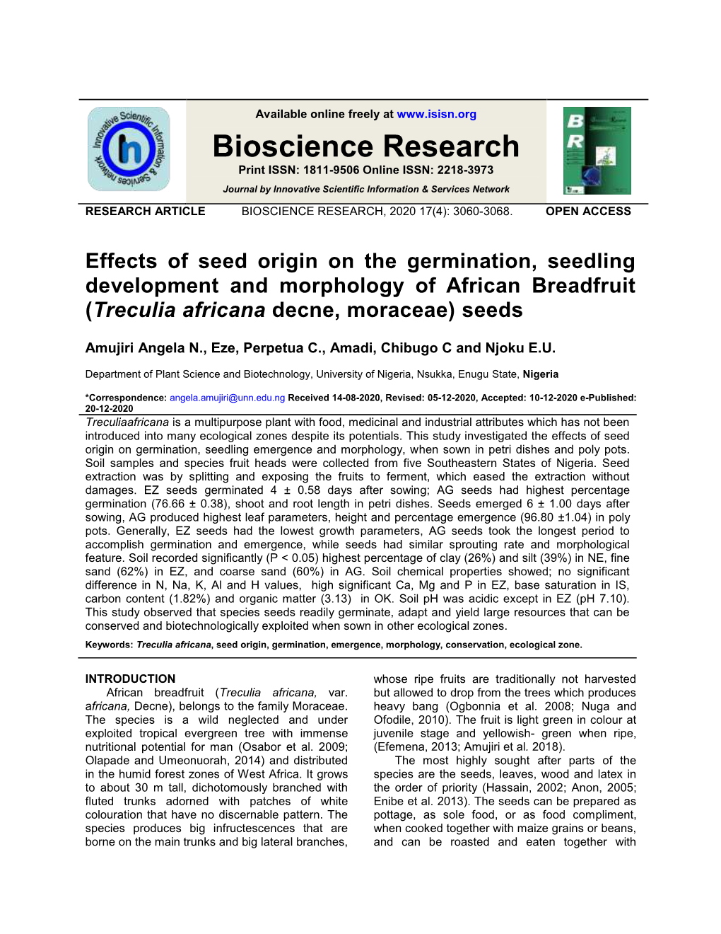 Effects of Seed Origin on the Germination, Seedling Development and Morphology of African Breadfruit (Treculia Africana Decne, Moraceae) Seeds