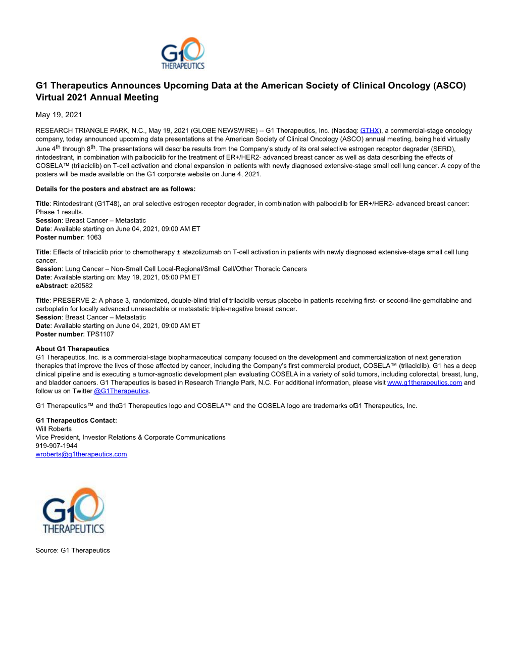 G1 Therapeutics Announces Upcoming Data at the American Society of Clinical Oncology (ASCO) Virtual 2021 Annual Meeting