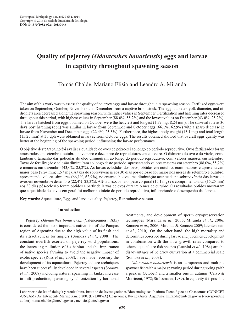 Quality of Pejerrey (Odontesthes Bonariensis) Eggs and Larvae in Captivity Throughout Spawning Season