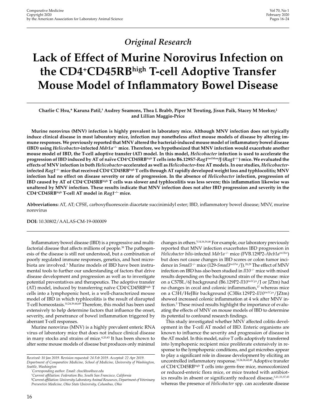 Lack of Effect of Murine Norovirus Infection on the CD4+Cd45rbhigh T-Cell Adoptive Transfer Mouse Model of Inflammatory Bowel Disease