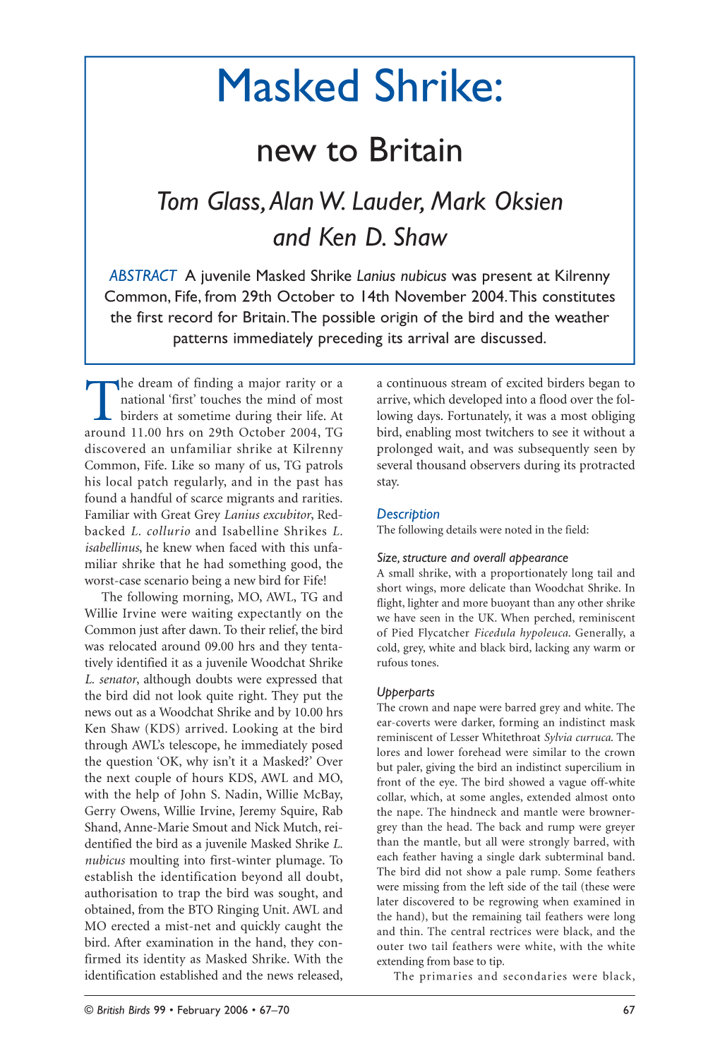Masked Shrike: New to Britain Tom Glass,Alan W
