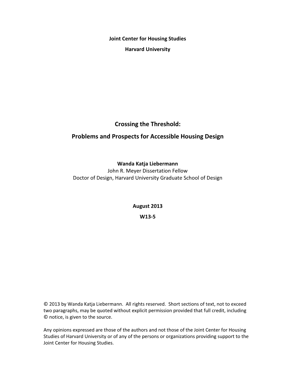 Problems and Prospects for Accessible Housing Design