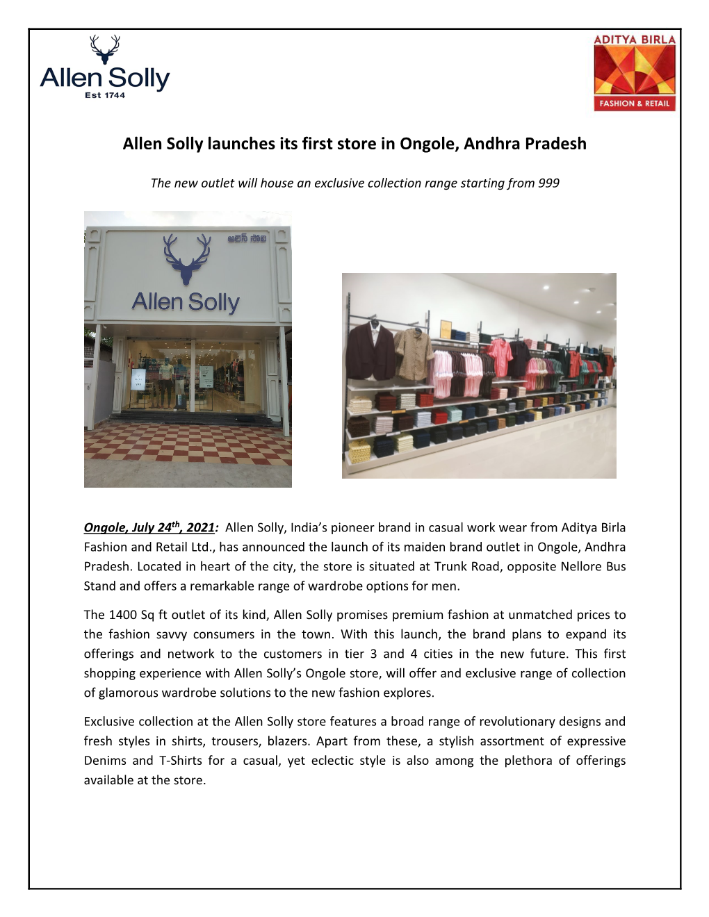 Allen Solly Launches Its First Store in Ongole, Andhra Pradesh