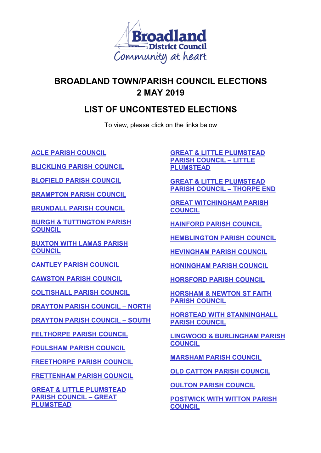 Results of Uncontested Town/Parish Elections on 2 May 2019