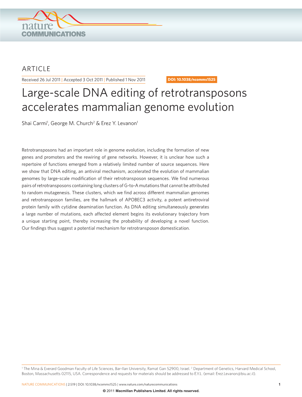 Large-Scale DNA Editing of Retrotransposons Accelerates Mammalian Genome Evolution