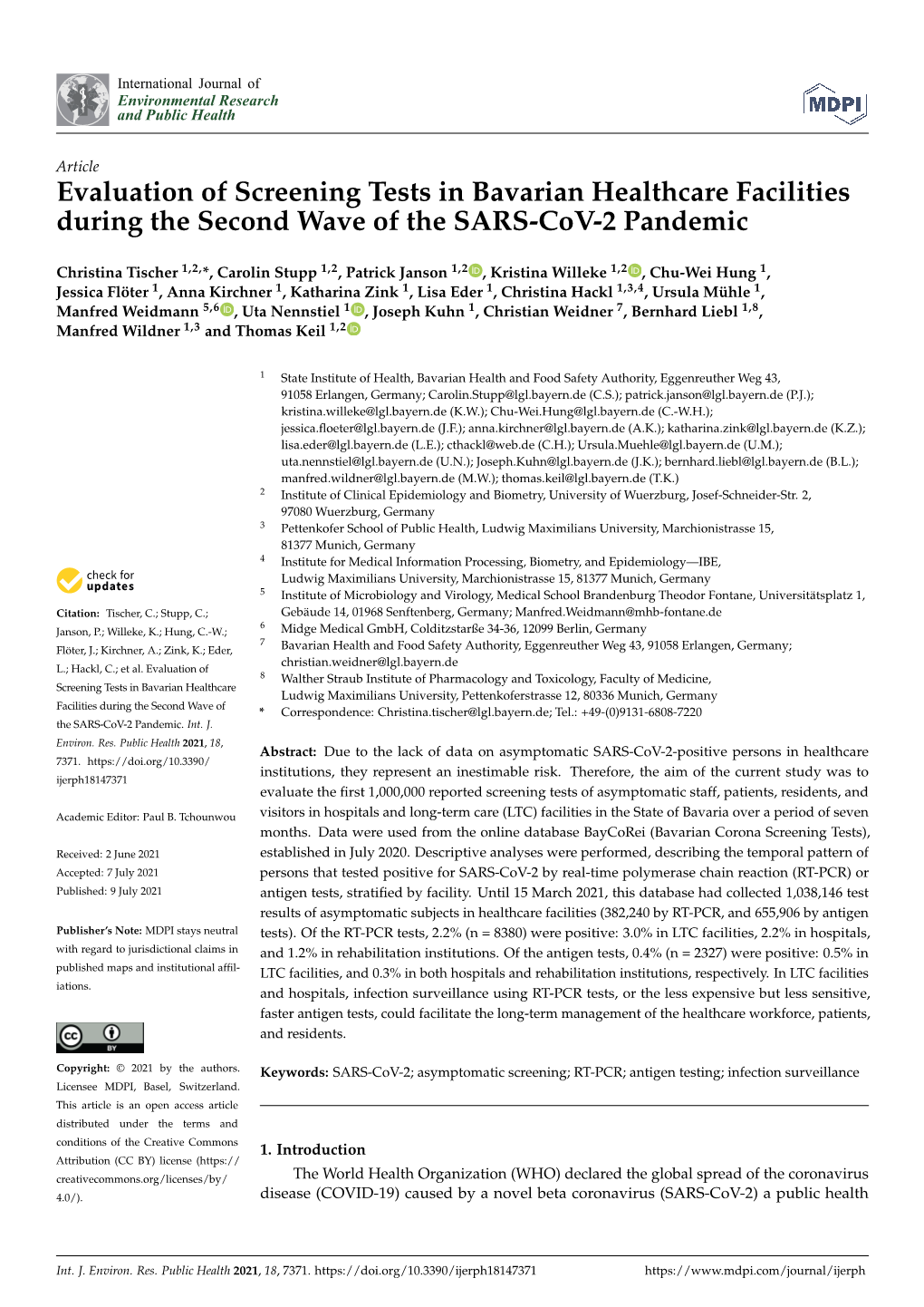 Evaluation of Screening Tests in Bavarian Healthcare Facilities During the Second Wave of the SARS-Cov-2 Pandemic