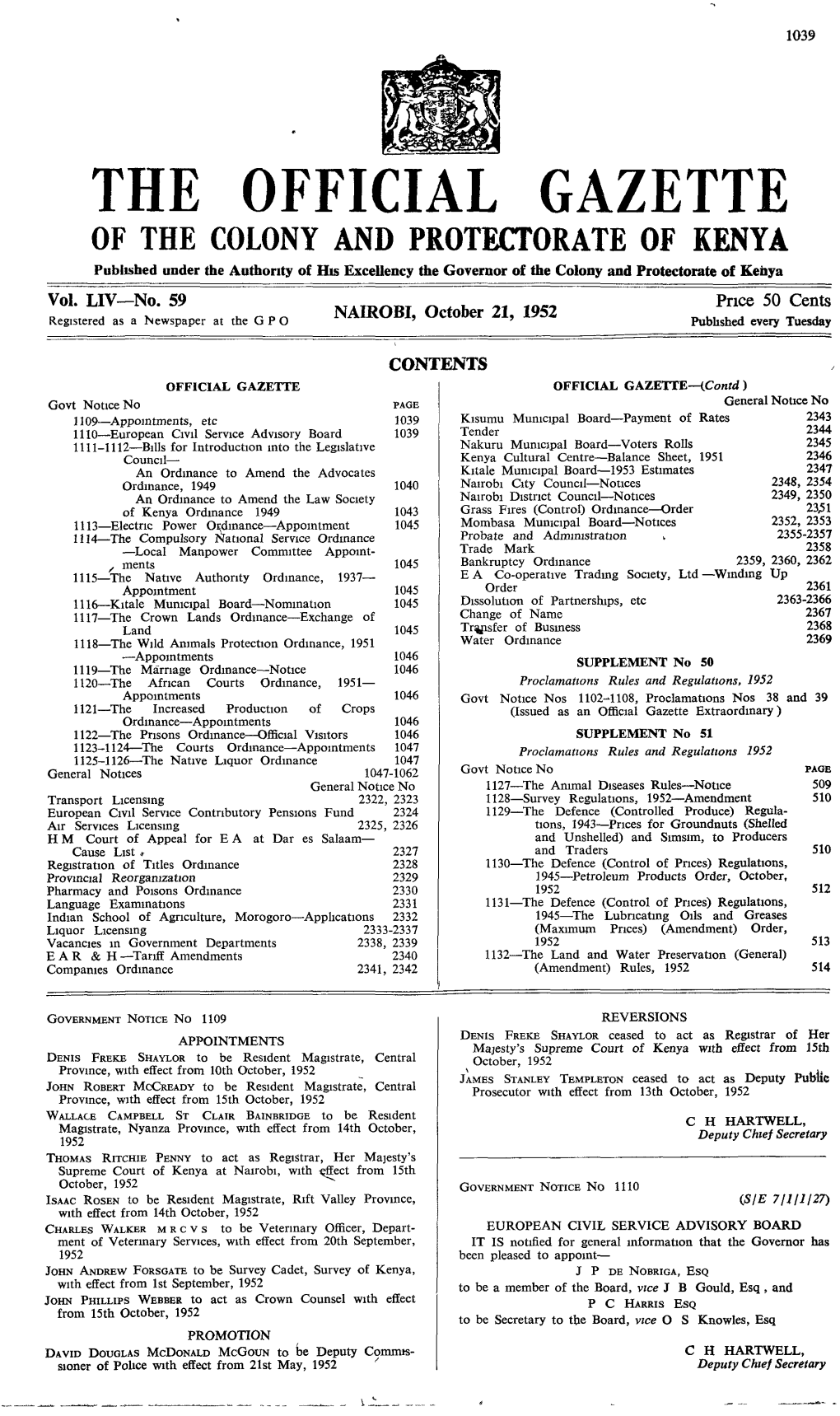 OFFICIAL GAZETTE October 21, 1952