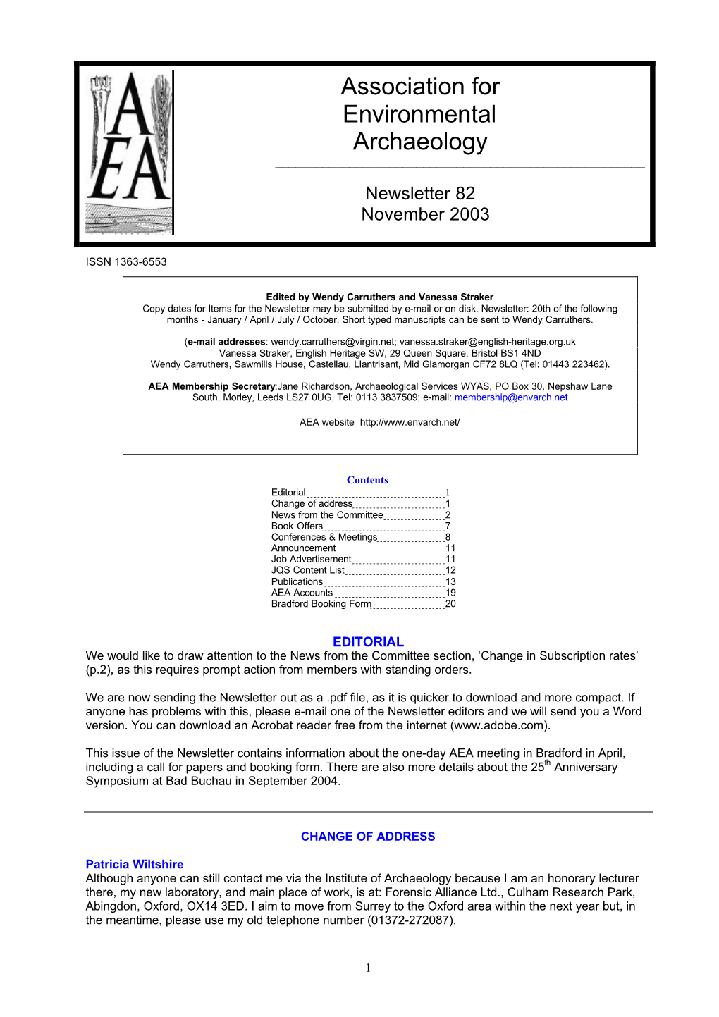 Association for Environmental Archaeology ______Newsletter 82 November 2003