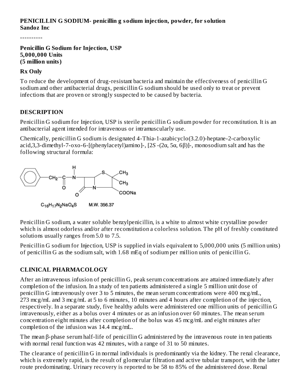 Penicillin G Sodium for Injection, USP5,000,000 Units(5 Million Units)