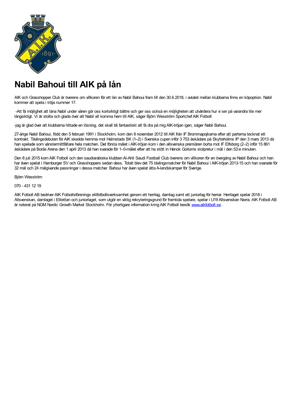 Nabil Bahoui Till AIK På Lån