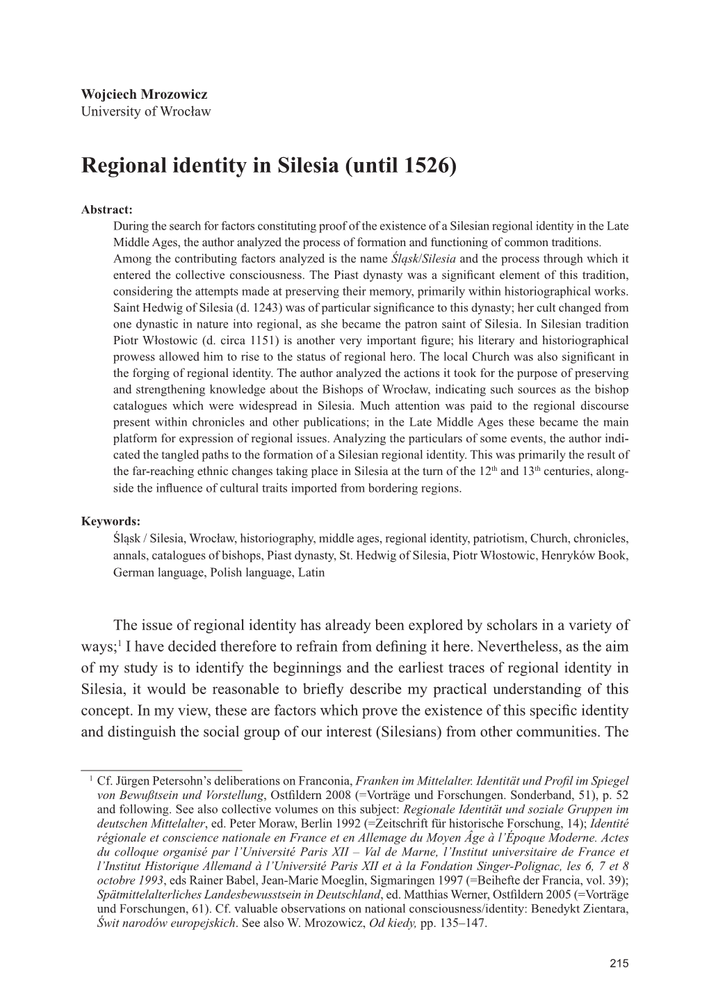 Regional Identity in Silesia (Until 1526)