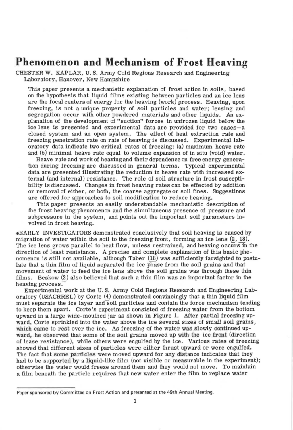 Phenomenon and Mechanism of Frost Heaving CHESTER W