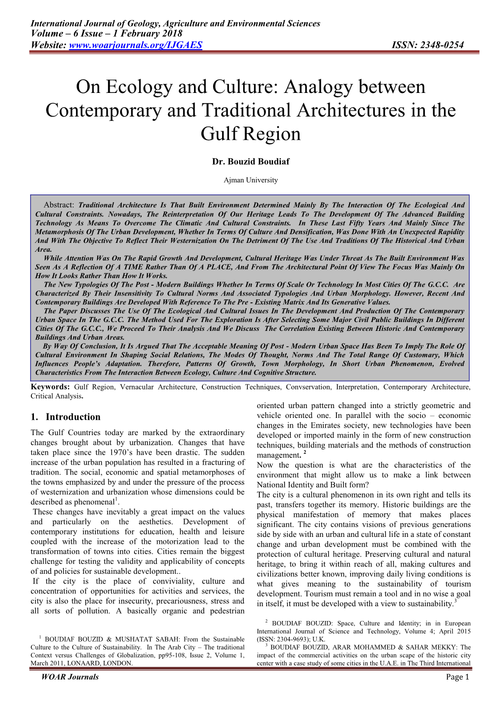 On Ecology and Culture: Analogy Between Contemporary and Traditional Architectures in the Gulf Region