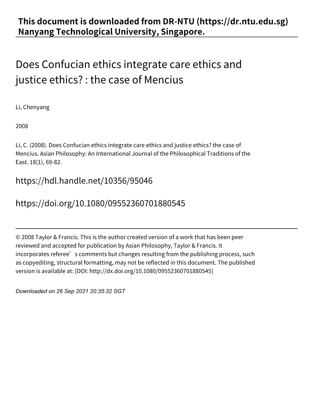 Does Confucian Ethics Integrate Care Ethics and Justice Ethics? : the Case of Mencius